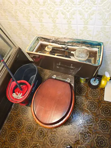 Old leaking toilet before replacement — Maple